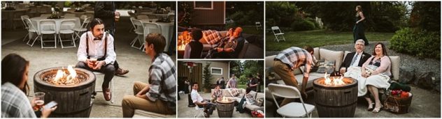 Premier snohomish & seattle wedding photographer | gsquared weddings photography a collage of people gathered outdoors around fire pits relaxing on chairs and couches chatting and enjoying a warm casual evening togetherperfect for a cozy snohomish seattle wedding engagement celebration under the trees | serving snohomish seattle                   & beyond