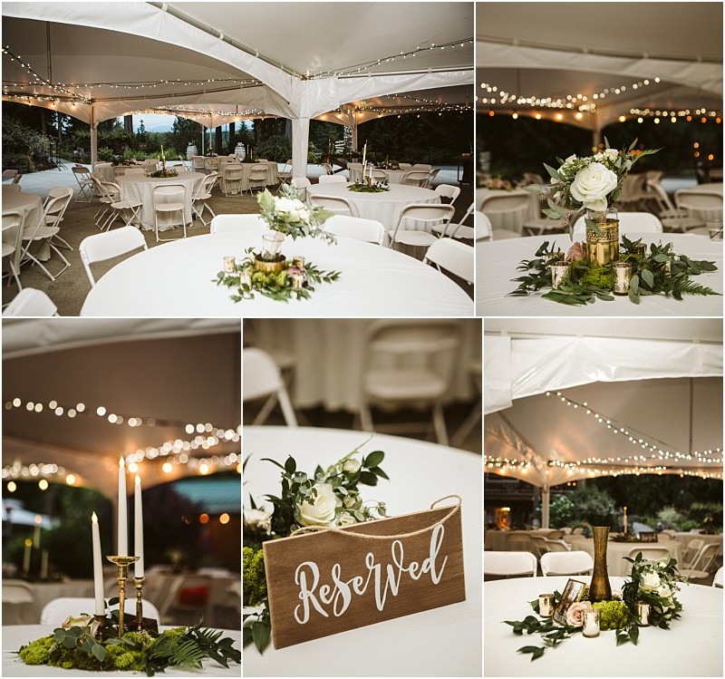 Premier snohomish & seattle wedding photographer | gsquared weddings photography collage of elegant outdoor snohomish wedding reception decor under a white tent featuring round tables with white tablecloths white flower and greenery centerpieces candles string lights and a wooden reserved sign | serving snohomish seattle                   & beyond