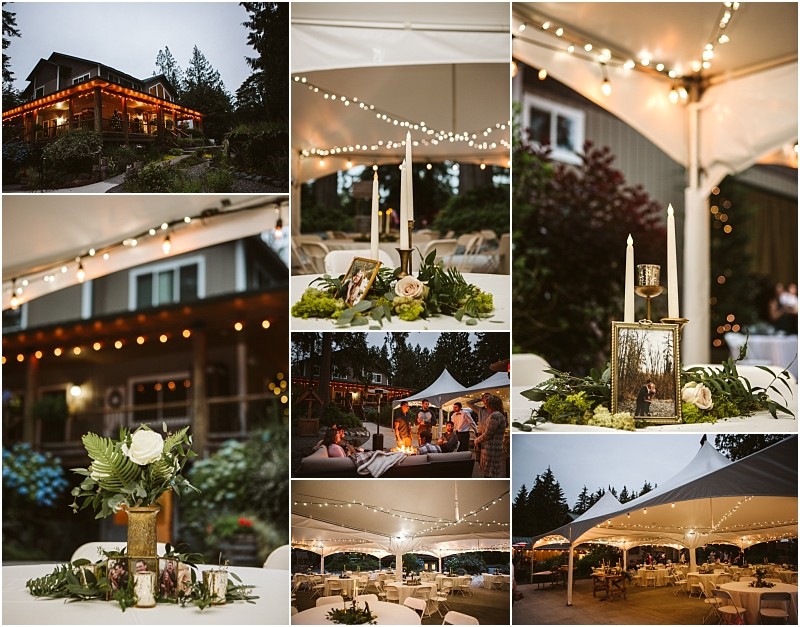 Premier snohomish & seattle wedding photographer | gsquared weddings photography a collage captures a snohomish seattle wedding reception at dusk under white tents with string lights elegant floral centerpieces guests mingling by a cozy firepit all set near a house surrounded by trees | serving snohomish seattle                   & beyond