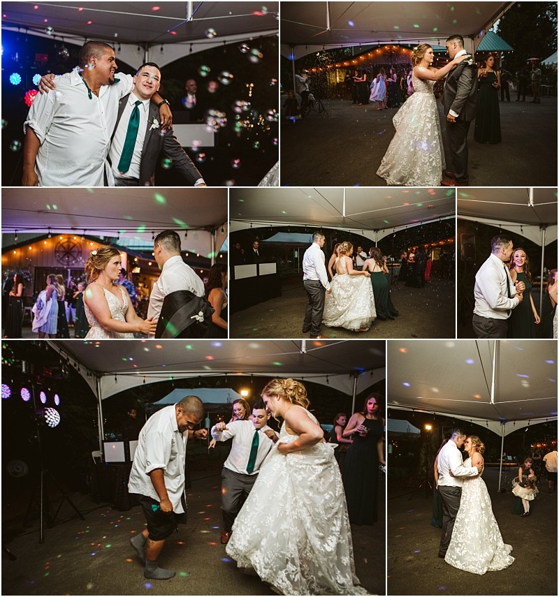 Premier snohomish & seattle wedding photographer | gsquared weddings photography a collage of snohomish wedding reception photos shows a bride and groom dancing laughing with guests and celebrating under a tent with colorful lights and happy expressions near seattle | serving snohomish seattle                   & beyond