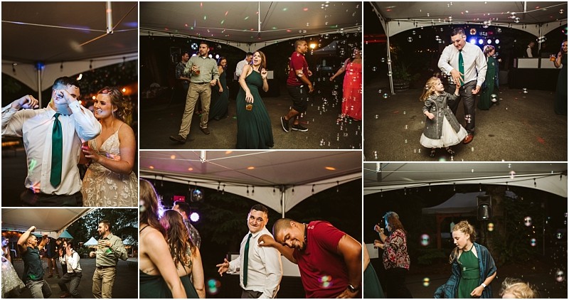 Premier snohomish & seattle wedding photographer | gsquared weddings photography a collage of snohomish wedding reception photos shows guests dancing laughing and having fun under a tent with string lights and bubbles People of all ages including a child are enjoying the seattle celebration | serving snohomish seattle                   & beyond
