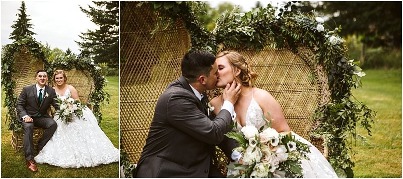 Premier snohomish & seattle wedding photographer | gsquared weddings photography a bride and groom sit on a wicker chair decorated with greenery at their snohomish wedding In one image they smile at the camera in the other they kiss The scene is outdoors with lush grass and trees in the background | serving snohomish seattle                   & beyond