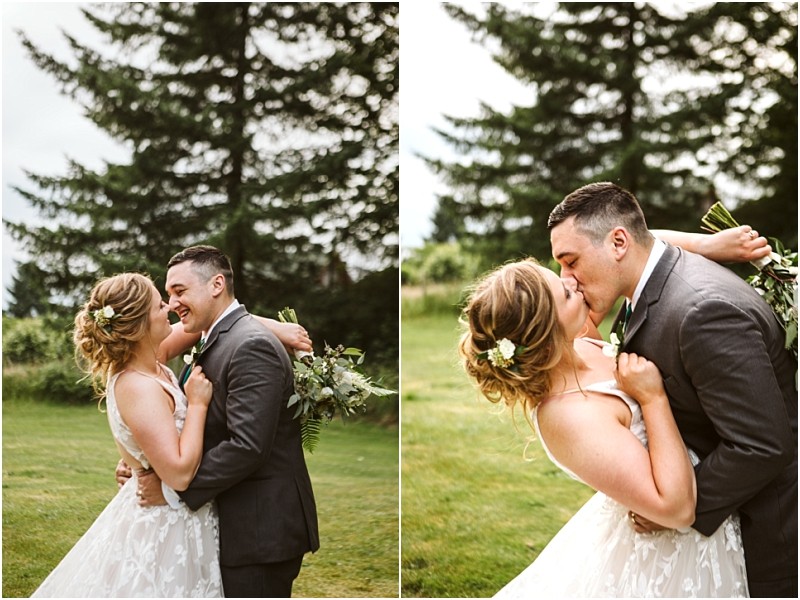 Premier snohomish & seattle wedding photographer | gsquared weddings photography two photos of a bride and groom outdoors smiling and embracing as they kiss on a grassy lawn in snohomish The bride holds a bouquet and wears a white dress while the groom is in a dark suitperfect for a seattle wedding engagement | serving snohomish seattle                   & beyond