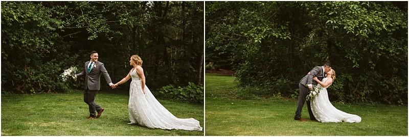 Premier snohomish & seattle wedding photographer | gsquared weddings photography a bride in a white dress and groom in a dark suit hold hands walking on grass in a lush snohomish outdoor setting in the next frame they share a kiss with the bride holding her bouquet and leaning back during their seattle wedding engagement | serving snohomish seattle                   & beyond