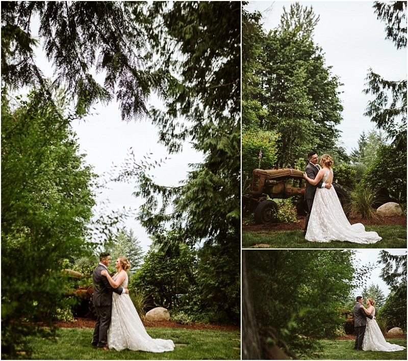Premier snohomish & seattle wedding photographer | gsquared weddings photography a bride and groom stand close together outdoors surrounded by lush green trees and grass sharing intimate moments on their snohomish wedding day The bride wears a white gown and the groom a dark suit | serving snohomish seattle                   & beyond