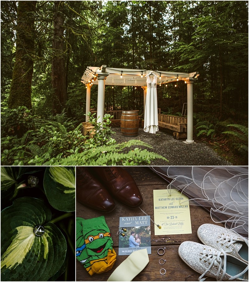 Premier snohomish & seattle wedding photographer | gsquared weddings photography a wedding dress hangs under a pergola in a snohomish forest Below a close up of a ring on a green leaf plus a flat lay of wedding items brown shoes glittery sneakers pizza themed socks invitations and rings | serving snohomish seattle                   & beyond