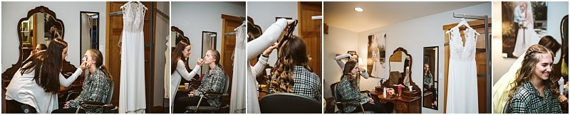 Premier snohomish & seattle wedding photographer | gsquared weddings photography a sequence of five photos shows a woman having her hair and makeup done by a stylist sitting by a vanity with a hanging white dress in a cozy well lit room before her snohomish wedding near seattle | serving snohomish seattle                   & beyond