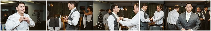 Premier snohomish & seattle wedding photographer | gsquared weddings photography a series of photos showing a man getting ready for a snohomish weddingbuttoning his shirt putting on a vest with help and finally dressed in a suit preparing for the formal event | serving snohomish seattle                   & beyond