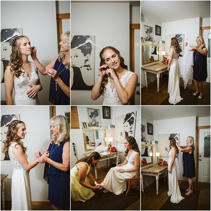 Premier snohomish & seattle wedding photographer | gsquared weddings photography a bride in a white dress gets ready with help from two women before her snohomish seattle wedding They adjust her veil jewelry and shoes in a cozy room with flowers and art The bride smiles and poses during this joyful engagement | serving snohomish seattle                   & beyond