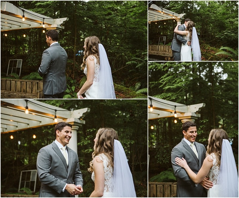 Premier snohomish & seattle wedding photographer | gsquared weddings photography a bride and groom share a joyful first look outdoors under string lights surrounded by lush greenery at their snohomish wedding They smile embrace and laugh togetherthe bride in a white dress and veil the groom in a gray suit | serving snohomish seattle                   & beyond