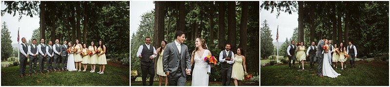 Premier snohomish & seattle wedding photographer | gsquared weddings photography three photos of a joyful snohomish wedding party standing outdoors among tall trees The bride and groom are in the center with bridesmaids in yellow dresses and groomsmen in gray suits all smiling and laughing | serving snohomish seattle                   & beyond