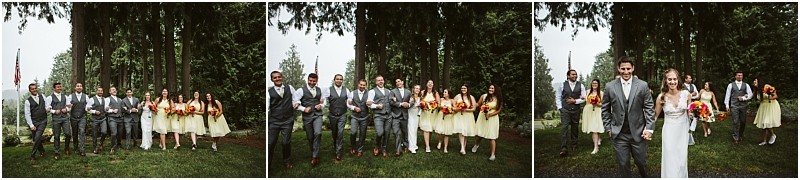 Premier snohomish & seattle wedding photographer | gsquared weddings photography three side by side photos show a joyful snohomish wedding party outdoors The groom groomsmen in gray suits and bridesmaids in yellow dresses walk with the bride in white amidst tall trees and vibrant greenery | serving snohomish seattle                   & beyond