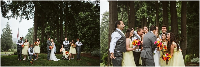 Premier snohomish & seattle wedding photographer | gsquared weddings photography two side by side photos of a joyful snohomish wedding party outdoors among tall trees near seattle The group poses smiling with bright flower bouquets a dog joins in the first photo Everyone appears celebratory and happy | serving snohomish seattle                   & beyond