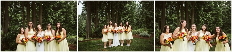 Premier snohomish & seattle wedding photographer | gsquared weddings photography five women in light yellow dresses stand together outdoors holding vibrant flower bouquets at a snohomish wedding Tall trees and lush greenery surround them as they smile and laugh clearly enjoying each others company | serving snohomish seattle                   & beyond
