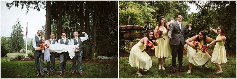 Premier snohomish & seattle wedding photographer | gsquared weddings photography two photos at a snohomish wedding five men in suits hold a laughing woman in white On the right four women in yellow dresses playfully pose around a man with a bouquet outdoorscapturing seattle engagement joy | serving snohomish seattle                   & beyond