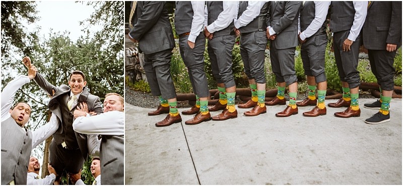 Premier snohomish & seattle wedding photographer | gsquared weddings photography during this snohomish seattle wedding a groom in a gray suit is lifted by his groomsmen later the group lines up outdoors on a concrete path showing off their colorful green and yellow socks and brown shoes | serving snohomish seattle                   & beyond