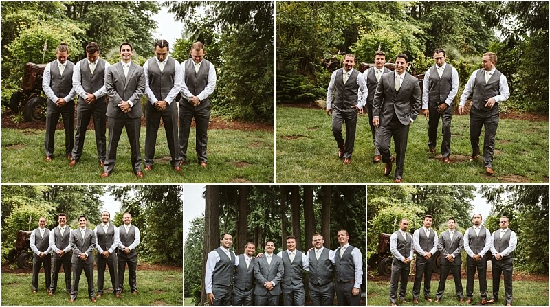 Premier snohomish & seattle wedding photographer | gsquared weddings photography a collage of six photos shows five men dressed in suits and vests standing and walking together outdoors on grass in snohomish surrounded by trees smiling and posing for a seattle wedding or formal event | serving snohomish seattle                   & beyond