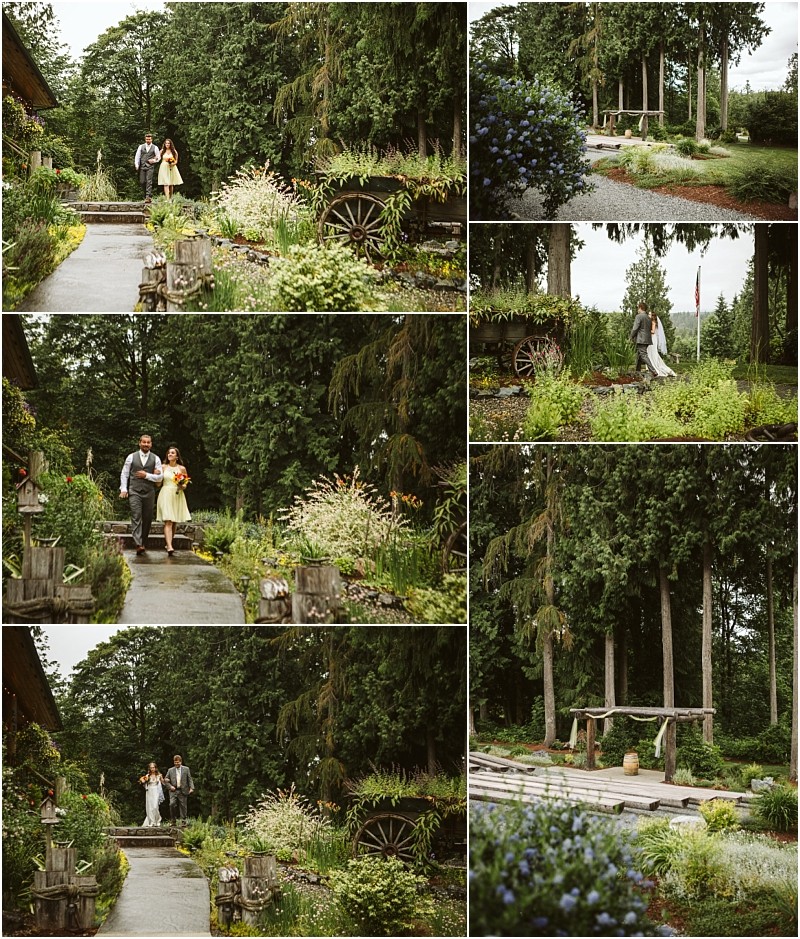 Premier snohomish & seattle wedding photographer | gsquared weddings photography a collage of outdoor wedding photos near snohomish shows a couple walking down a lush garden path rustic wooden decor and a bridesmaid in yellow The green setting captures the magic of a seattle wedding engagement | serving snohomish seattle                   & beyond