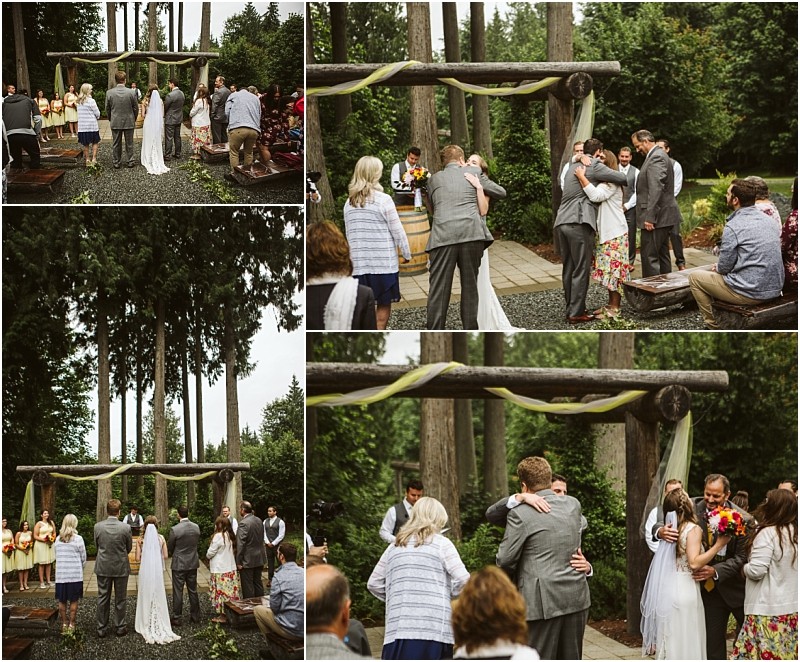 Premier snohomish & seattle wedding photographer | gsquared weddings photography a romantic snohomish wedding ceremony outdoors among tall trees with the bride and groom at an altar surrounded by their wedding party and guests Multiple heartfelt moments are shown in a lush green collage capturing true seattle engagement magic | serving snohomish seattle                   & beyond