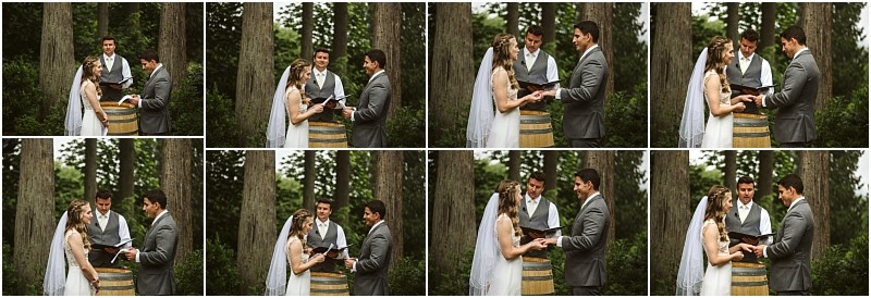 Premier snohomish & seattle wedding photographer | gsquared weddings photography a series of photos shows a bride and groom exchanging vows and rings outdoors in a wooded area near snohomish with an officiant standing behind a wooden barrel Both are smiling and dressed formally at this beautiful seattle wedding | serving snohomish seattle                   & beyond