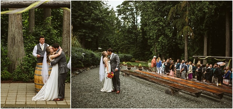 Premier snohomish & seattle wedding photographer | gsquared weddings photography a bride and groom share their first kiss outdoors under trees surrounded by greenery at a snohomish seattle wedding Guests watch from wooden benches in another photo the couple embraces near a rustic arbor and wooden barrel | serving snohomish seattle                   & beyond