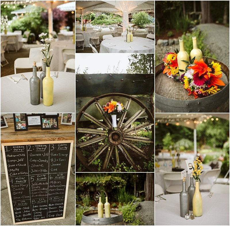 Premier snohomish & seattle wedding photographer | gsquared weddings photography collage of rustic snohomish seattle wedding decor tables with white cloths and folding chairs wine bottles as wildflower vases bright florals a wagon wheel and a chalkboard seating chart String lights add cozy ambiance for your engagement celebration | serving snohomish seattle                   & beyond
