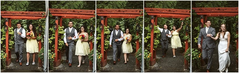 Premier snohomish & seattle wedding photographer | gsquared weddings photography a series of four photos shows a smiling couple walking together under a wooden arbor joined by another couple in formal attire under a leafy green background likely at a snohomish or seattle wedding or engagement event | serving snohomish seattle                   & beyond