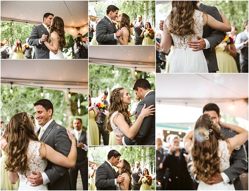 Premier snohomish & seattle wedding photographer | gsquared weddings photography a collage of wedding photos shows a joyful snohomish couple dancing together outdoors under a tent surrounded by guests and bubbles capturing the magic of their seattle wedding with close embraces and radiant expressions | serving snohomish seattle                   & beyond