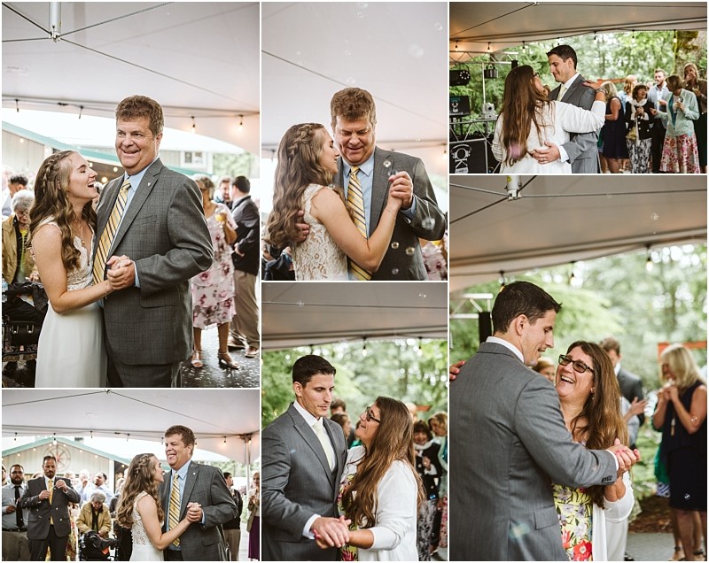 Premier snohomish & seattle wedding photographer | gsquared weddings photography a collage of snohomish seattle wedding reception moments shows a bride and groom dancing with their parents and guests under a white tent all smiling and enjoying the celebration | serving snohomish seattle                   & beyond