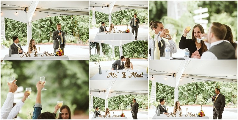 Premier snohomish & seattle wedding photographer | gsquared weddings photography a collage of snohomish wedding reception photos shows guests and the newlyweds under a white tent listening to a speech and raising glasses for a toast A mr & mrs Sign decorates the couples table at this seattle area celebration | serving snohomish seattle                   & beyond