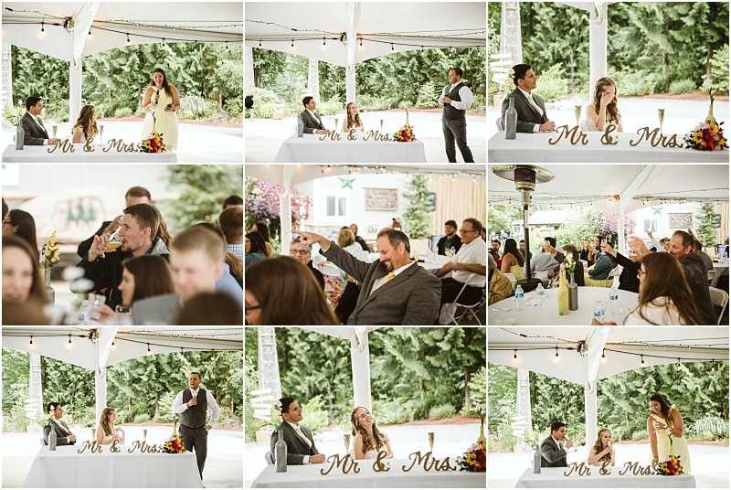Premier snohomish & seattle wedding photographer | gsquared weddings photography a collage of snohomish wedding reception photos shows guests giving speeches the bride and groom at a mr & mrs table and attendees laughing under a white tent with lush greenery outside | serving snohomish seattle                   & beyond