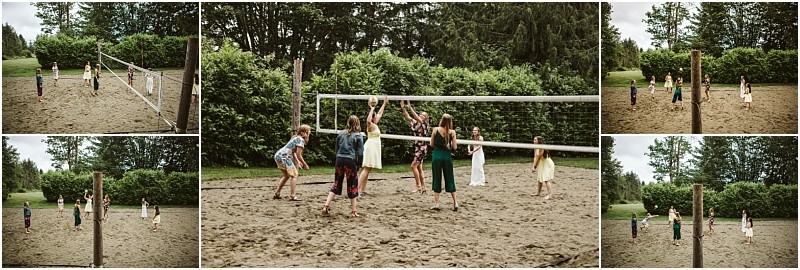 Premier snohomish & seattle wedding photographer | gsquared weddings photography a group of children play volleyball on a sandy outdoor court surrounded by green trees and bushes enjoying a game together on a cloudy day near snohomish Multiple photos show different moments from the game | serving snohomish seattle                   & beyond