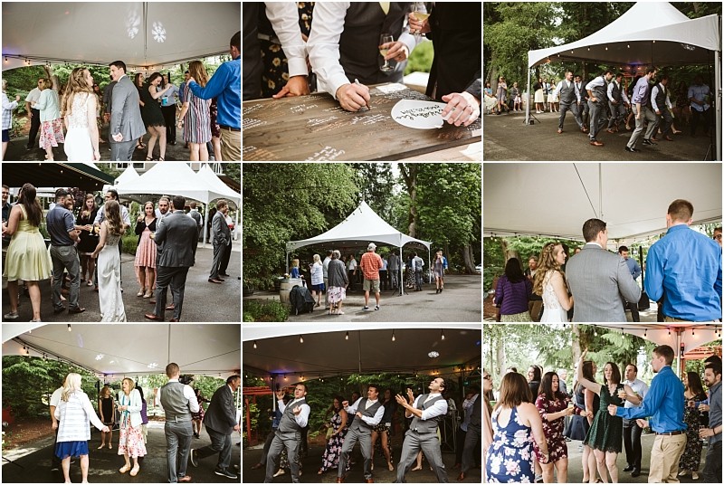 Premier snohomish & seattle wedding photographer | gsquared weddings photography a collage of snohomish outdoor wedding reception scenes shows guests dancing chatting signing a guest book and enjoying the event under white tents surrounded by greenery near seattle | serving snohomish seattle                   & beyond