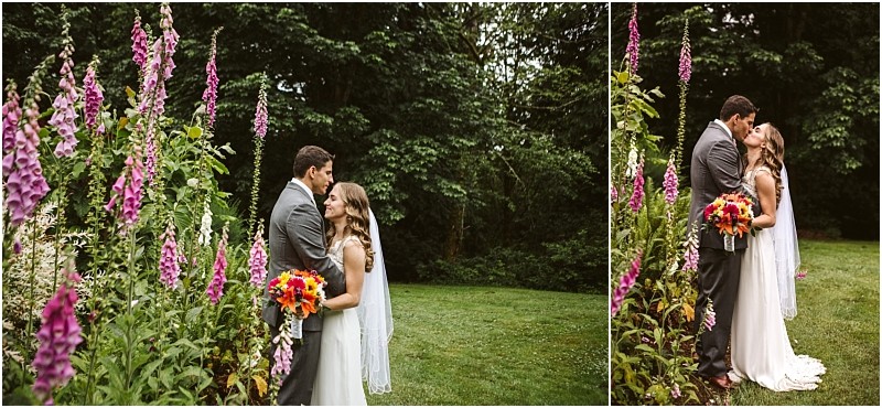 Premier snohomish & seattle wedding photographer | gsquared weddings photography a bride and groom share a kiss in a lush garden near snohomish surrounded by tall purple flowers With trees and grass behind them the bride holds a colorful bouquet and wears a veilcapturing the romance of a seattle wedding | serving snohomish seattle                   & beyond