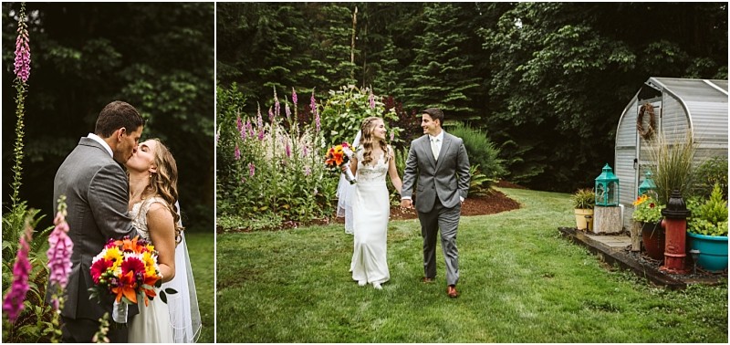 Premier snohomish & seattle wedding photographer | gsquared weddings photography a bride and groom walk hand in hand in a lush snohomish garden smiling at each other In another photo they share a kiss The bride holds a colorful bouquet and wears a white dress the groom is in a gray suit | serving snohomish seattle                   & beyond