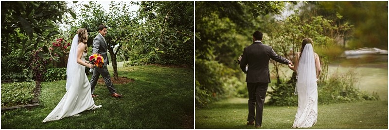 Premier snohomish & seattle wedding photographer | gsquared weddings photography a bride in a white dress and veil walks hand in hand with a groom in a gray suit through a lush green garden during their snohomish wedding holding a colorful bouquet The couple is pictured from behind in both images | serving snohomish seattle                   & beyond