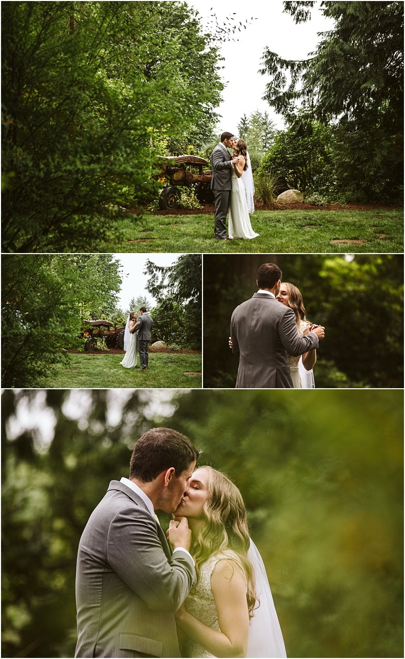 Premier snohomish & seattle wedding photographer | gsquared weddings photography a bride and groom in wedding attire embrace and kiss outdoors in a green wooded snohomish garden The couple stands close together surrounded by trees and lush foliage sharing intimate seattle wedding moments | serving snohomish seattle                   & beyond
