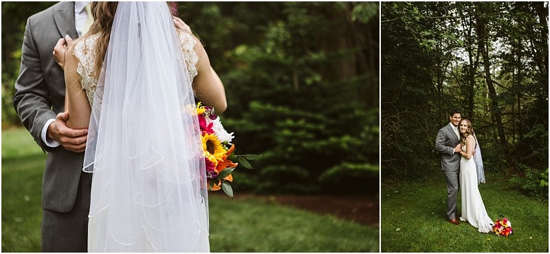 Premier snohomish & seattle wedding photographer | gsquared weddings photography a bride and groom stand together outdoors in lush greenery the bride wears a white dress and veil holding a colorful bouquet as the groom in a gray suit embraces hercapturing a romantic snohomish seattle wedding moment | serving snohomish seattle                   & beyond