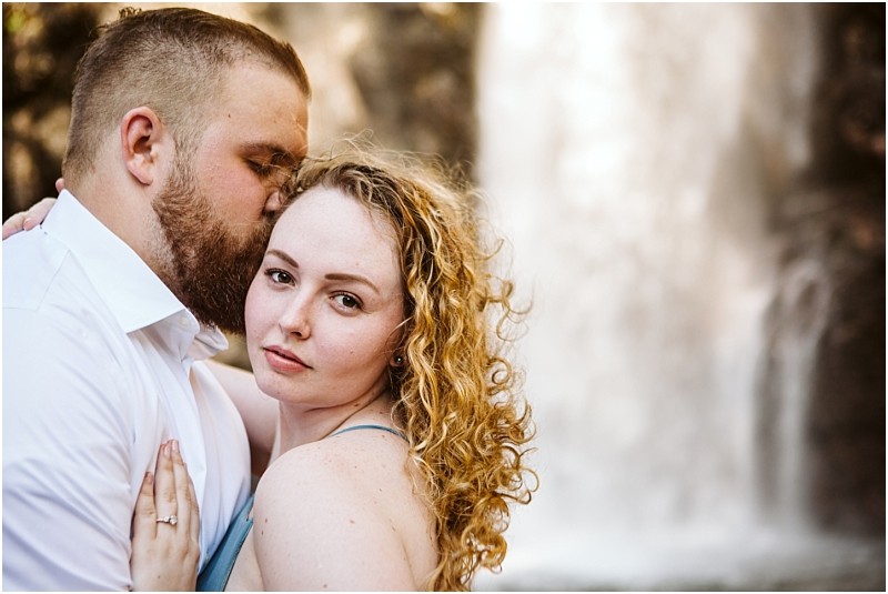 Franklin falls engagement session couple in blue dress and white shirt curly hair