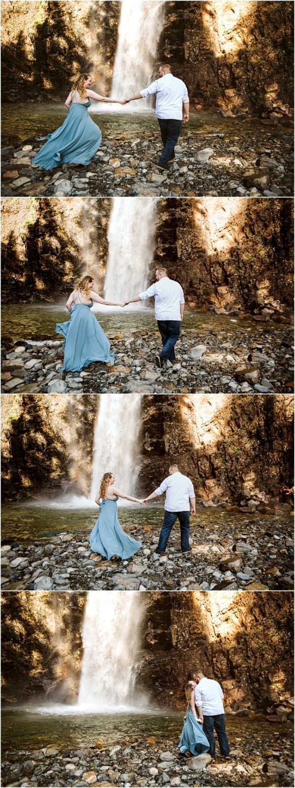 Premier snohomish & seattle wedding photographer | gsquared weddings photography a couple poses playfully near a rocky stream at the base of a waterfall holding hands as the woman in a flowing blue dress twirls with her partnercapturing the joy of their snohomish seattle wedding engagement | serving snohomish seattle                   & beyond