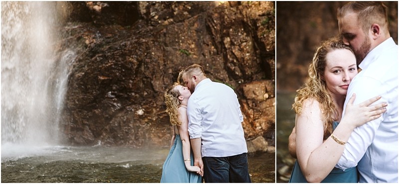 Premier snohomish & seattle wedding photographer | gsquared weddings photography a couple stands close together by a waterfall in this snohomish seattle wedding engagement shoot In a second closer image the woman in a blue dress embraces the man while looking at the camera as he holds her lovingly | serving snohomish seattle                   & beyond