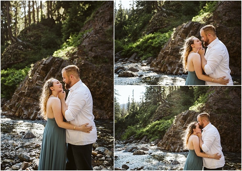 Premier snohomish & seattle wedding photographer | gsquared weddings photography three romantic engagement photos of a couple by a rocky river near snohomish surrounded by trees The woman in a blue dress and the man in a white shirt gaze at each other embracing and smiling in the sunlight | serving snohomish seattle                   & beyond