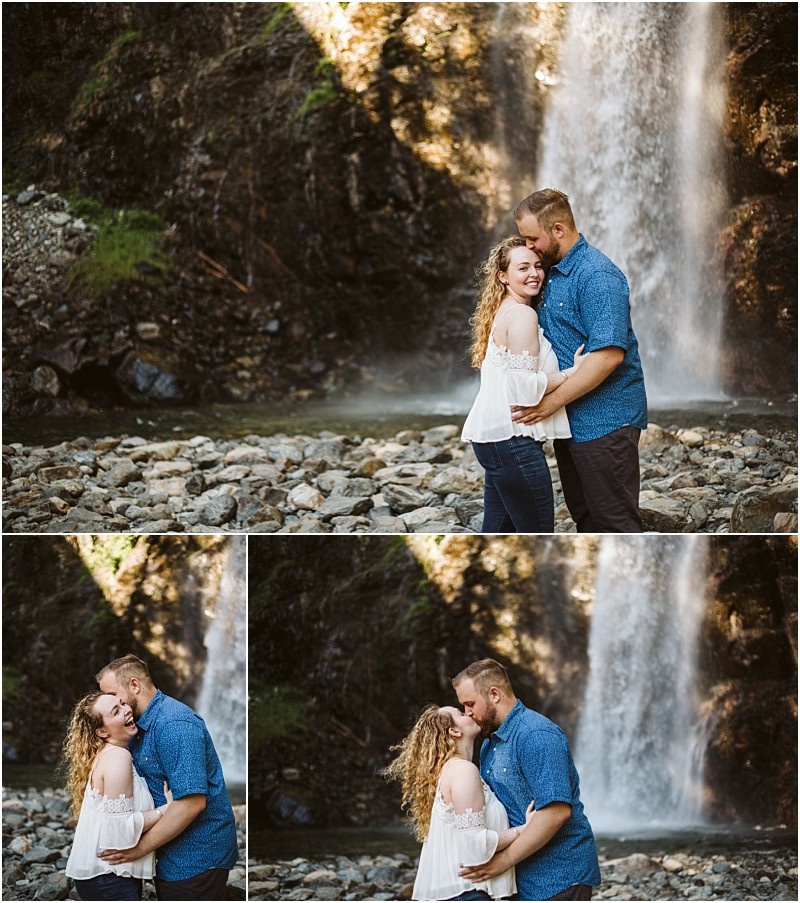 Premier snohomish & seattle wedding photographer | gsquared weddings photography a couple embraces and smiles in front of a rocky waterfall during their snohomish engagement with the man in a blue shirt and the woman in a white blouse They share affectionate moments including a kiss and a forehead touch | serving snohomish seattle                   & beyond