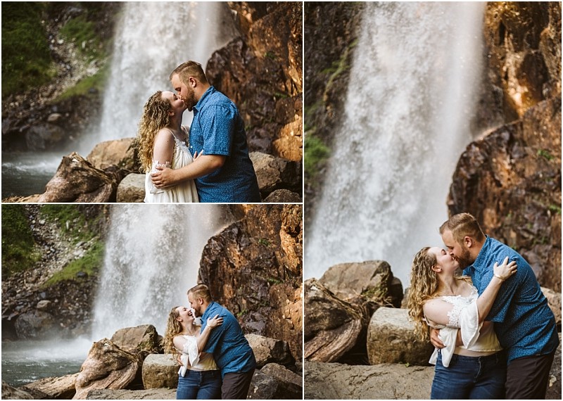 Premier snohomish & seattle wedding photographer | gsquared weddings photography a couple embraces and kisses in front of a waterfall standing on large rocks They smile and look happy surrounded by nature This snohomish seattle engagement collage features three different romantic shots | serving snohomish seattle                   & beyond