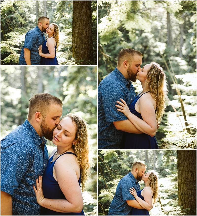 Premier snohomish & seattle wedding photographer | gsquared weddings photography a collage of four photos shows a couple in a sunlit snohomish forest They embrace smile and share kissescapturing their seattle wedding engagement He has short hair and a beard she wears a sleeveless blue dress and has curly blonde hair | serving snohomish seattle                   & beyond