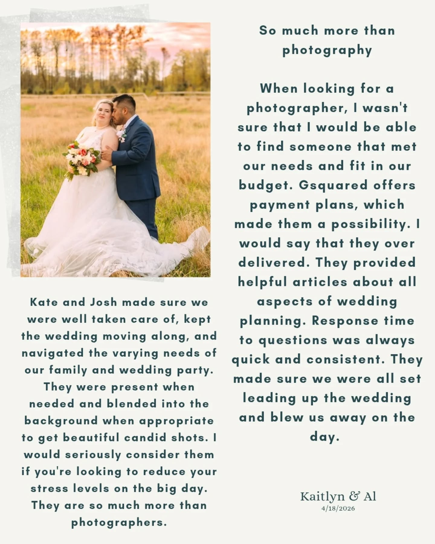 Kaitlyn and Al, it was such an honor, and such a great wedding to kick off our 2026 season. We appreciate your sweet words so much, and we are so excited to see where your forever story takes you;