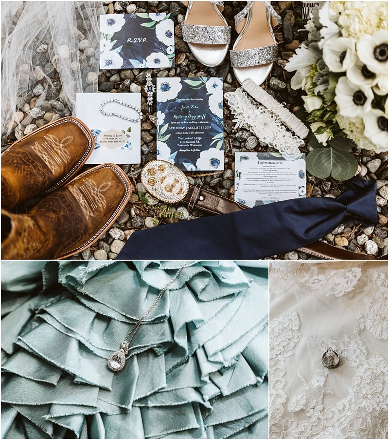 Wedding details flat lay cowboy boots glittery shoes floral invitations jewelry a belt blue tie white bouquet lace dress and wedding rings arranged on textured backgroundsperfect for a snohomish celebration Snohomish wedding photography