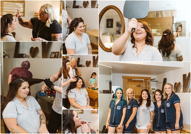 A collage of women getting ready in a cozy snohomish room featuring hairstyling makeup application and a group photo in matching pajamas One woman smiles at a handheld mirror while others help each other prepare Snohomish wedding photography