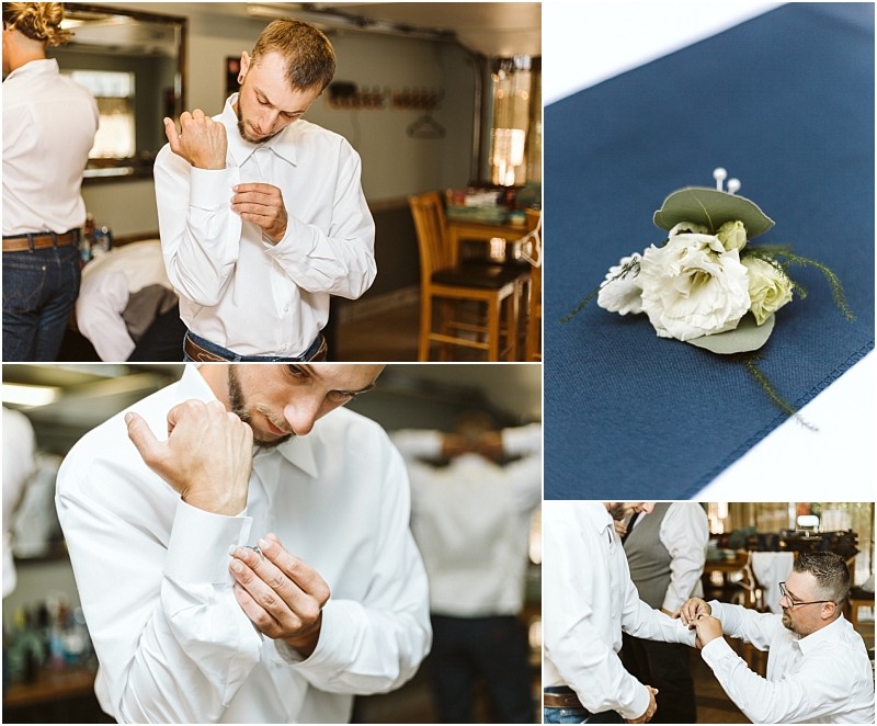 A collage shows groomsmen getting ready in snohomish one man buttons his shirt cuff another helps with cufflinks and a white boutonniere with greenery rests on a navy blue cloth Snohomish wedding photography
