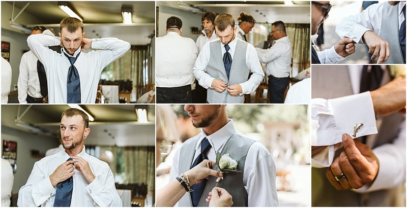 A collage of a groom getting ready in a well lit snohomish roomadjusting his tie putting on his vest fastening cufflinks and having a boutonniere pinnedassisted by his groomsmen Snohomish wedding photography